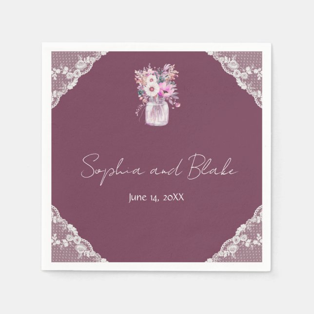Servilleta De Papel Country Lace Mason Jar Burgundy Boda (Anverso)