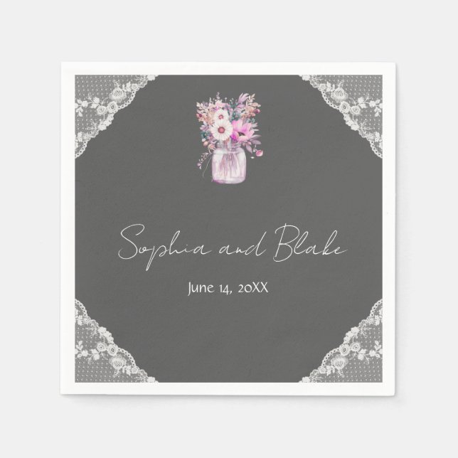 Servilleta De Papel Country Lace Mason Jar Gray Boda (Anverso)