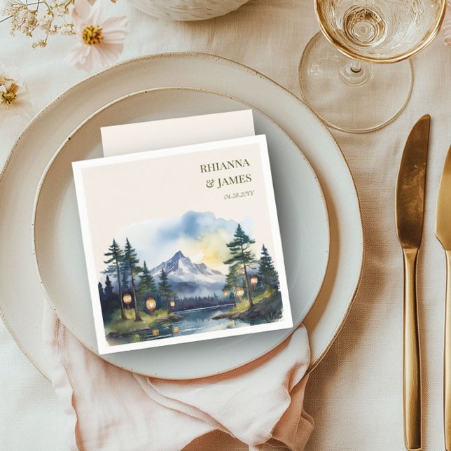 Servilleta De Papel Country Lake Twilight Forest Mountain Boda (Personalized napkins from the Country Lake wedding collection by Darling & May)