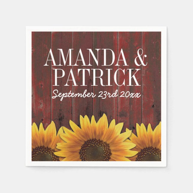 Servilleta De Papel Country Red Barn Wood + Rustic Sunflower Boda (Anverso)