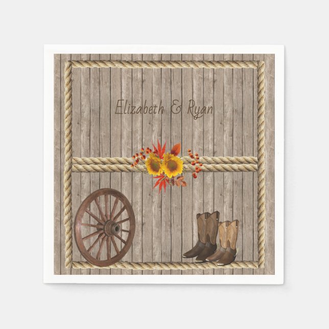Servilleta De Papel Country Western, Sunflowers Wood Rope Personalizad (Anverso)