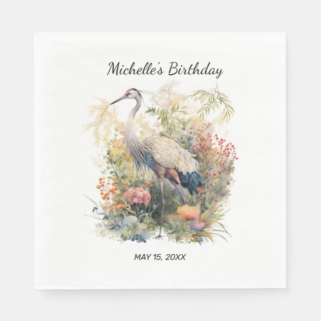 Servilleta De Papel Crane Bird deja Foliage Floral Birday (Anverso)