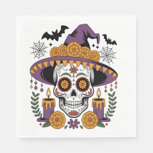 Servilleta De Papel Cráneo con sombrero de bruja Vector de Halloween