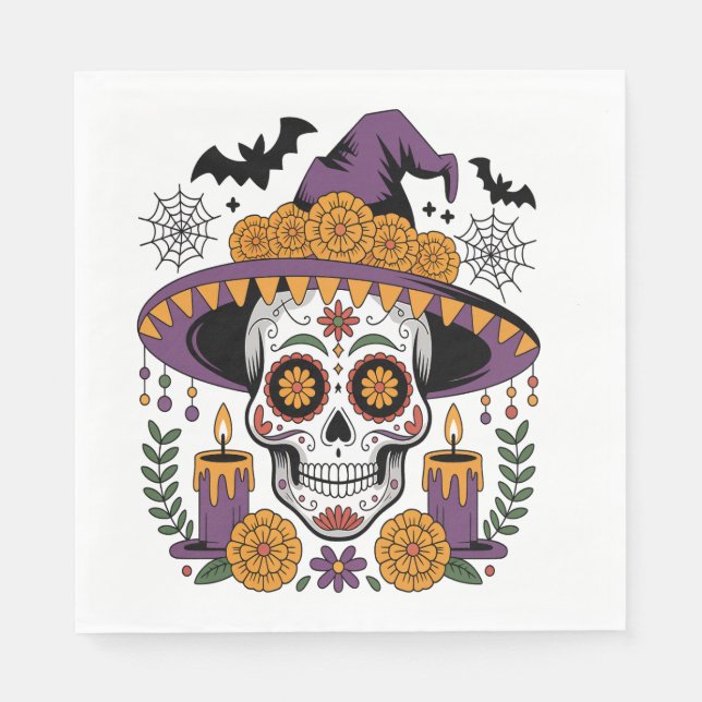 Servilleta De Papel Cráneo con sombrero de bruja Vector de Halloween (Anverso)