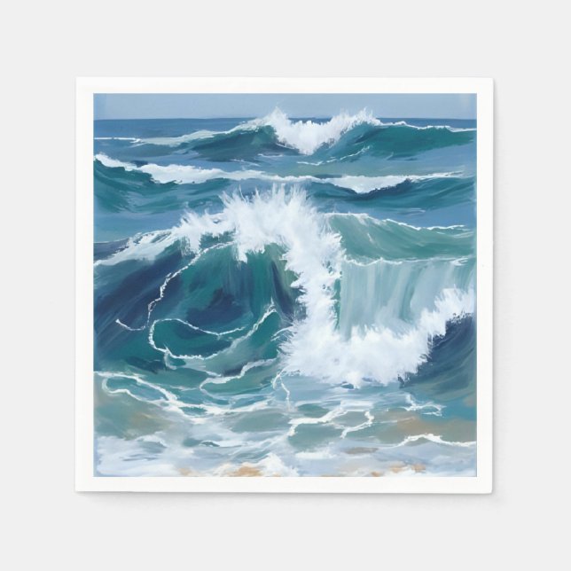 Servilleta De Papel Crashing Ocean Waves | Coastal Blue Watercolor (Anverso)