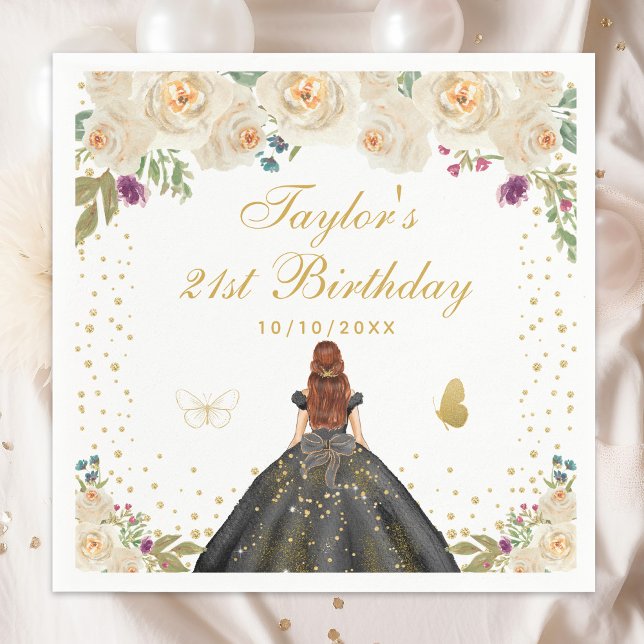 Servilleta De Papel Cream Floral Brown Hair Chica Fiesta de Cumpleaños (Subido por el creador)