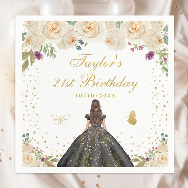 Servilleta De Papel Cream Floral Brunette Hair Chica cumpleaños (Subido por el creador)