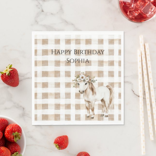 Servilleta De Papel Cream White Plaid Stripes Horse Birthday (In situ)