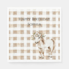 Servilleta De Papel Cream White Plaid Stripes Horse Birthday