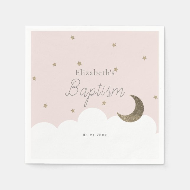 Servilleta De Papel Crescent Moon & Stars Chica Rosa Baptism Napkins (Anverso)