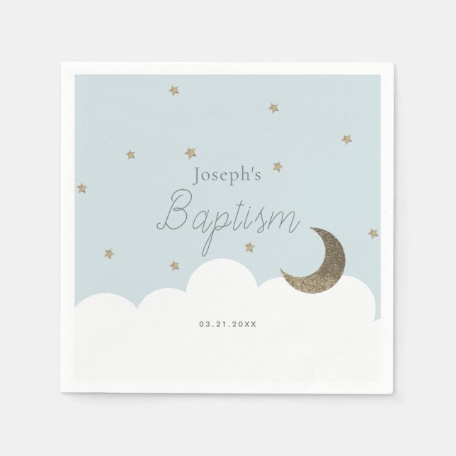 Servilleta De Papel Crescent Moon & Stars Light Blue Boy Baptismo (Anverso)