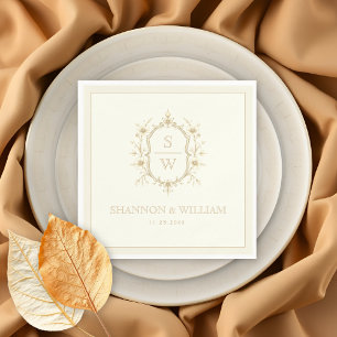 Servilleta De Papel Crest floral sepia monograma vintage boda marfil
