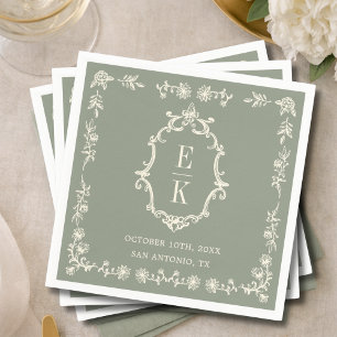 Servilleta De Papel Crest Monograma de Dinero Antiguo Floral Verde Sal