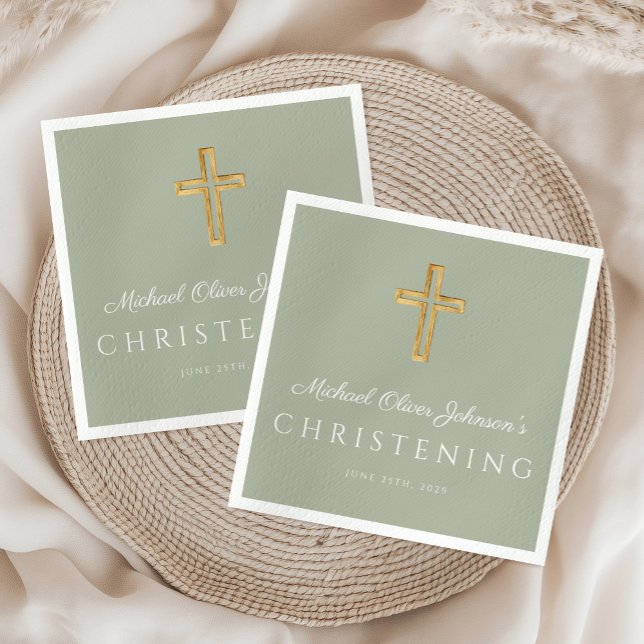 Servilleta De Papel Cristalización de la Cruz Verde de Madera Religios (Religious Sage Green Wood Cross Christening Napkins)
