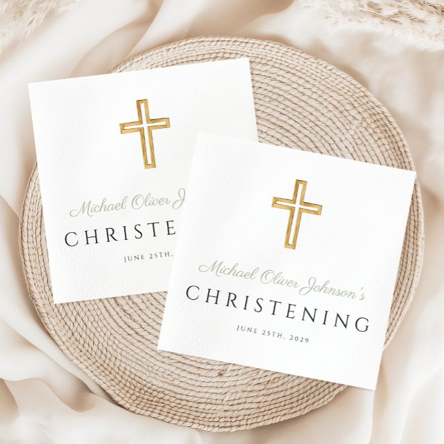 Servilleta De Papel Cristalización de la Cruz Verde de Madera Religios (Religious Sage Green Wood Cross Christening Napkins)