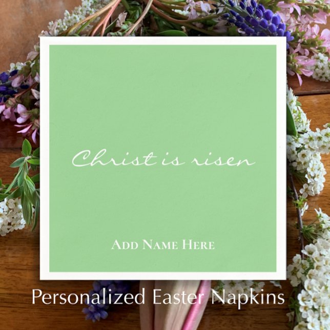 Servilleta De Papel Cristo es la Pascua Cristiana Verde Personalizado  (Add your custom text to personalize these green Easter Napkins. Christ is risen in elegant script.
)