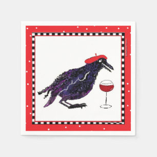 Servilleta De Papel Crow gracioso con Beret francés y vidrio de vino
