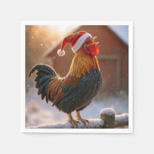 Servilleta De Papel Crowing Christmas Rooster Wearing a Santa Hat (Anverso)