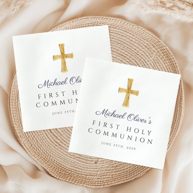 Servilleta De Papel Cruz Azul de la Marina Niño Religioso Primero Sant (Navy Blue Cross Religious Boy First Holy Communion Napkins)