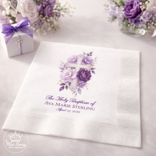Servilleta De Papel Cruz Cristiana Floral de Acuarela Morada Elegante
