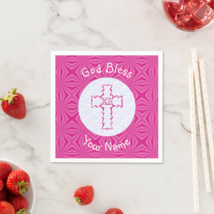Servilleta De Papel Cruz Cristiana Zig Zag Rosa sobre Nombre Rosa Blan