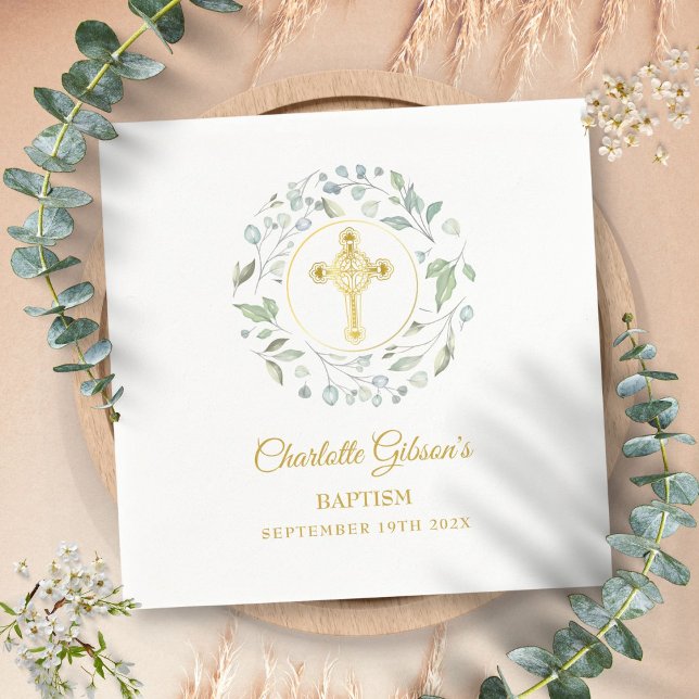 Servilleta De Papel Cruz de Bautizo Corona de Laurel Dorada (Laurel Garland Gold Cross Baptism Christening Napkins)