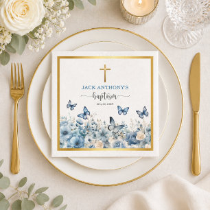 Servilleta De Papel Cruz de oro elegante bautismo floral azul