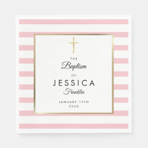 Servilleta De Papel Cruz de Oro Stripe Rosa Baptismo Christening