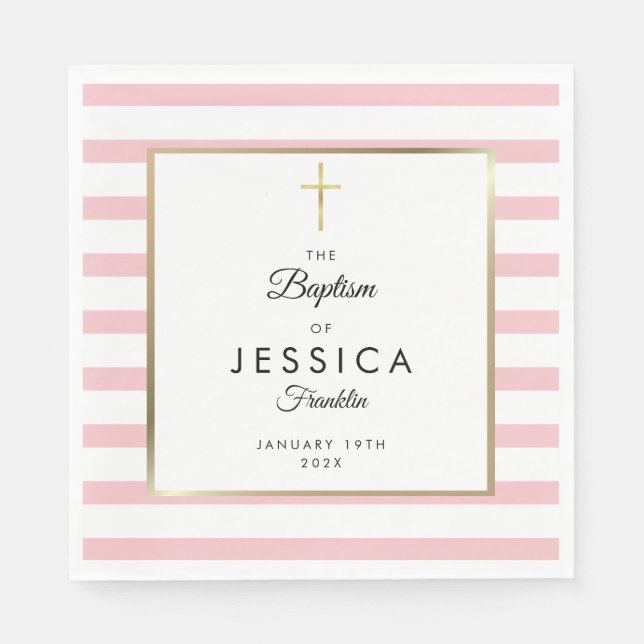 Servilleta De Papel Cruz de Oro Stripe Rosa Baptismo Christening (Anverso)