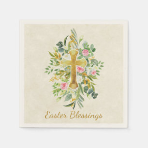Servilleta De Papel Cruz de oro y rosas rosadas personalizado Pascua