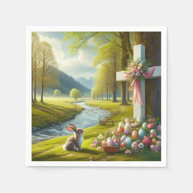 Servilleta De Papel Cruz de Pascua con conejo y huevos (Anverso)