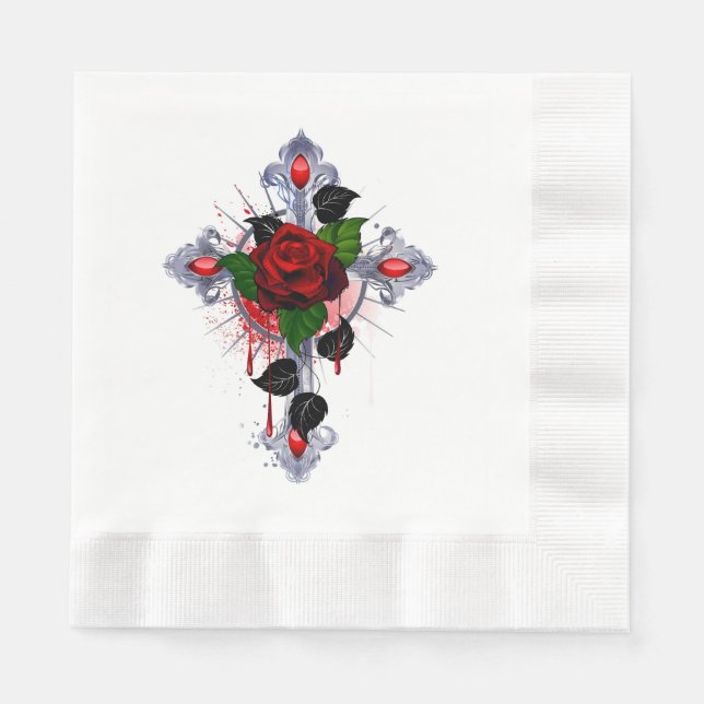 Servilleta De Papel Cruz de Plata con una Rosa Roja (Anverso)