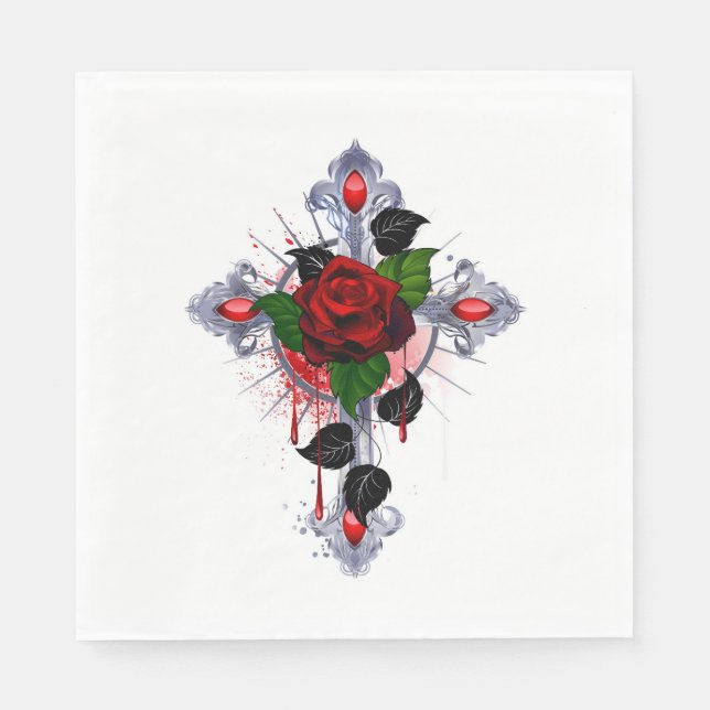Servilleta De Papel Cruz de Plata con una Rosa Roja (Anverso)