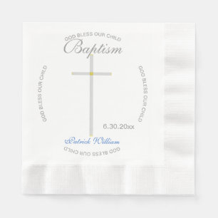 Servilleta De Papel Cruz de Plata Niño Bautizo Azul