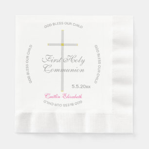 Servilleta De Papel Cruz de Plata Primera Comunión Rosa Nombre