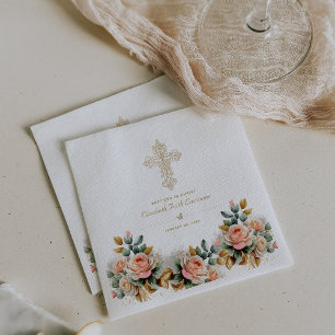Servilleta De Papel Cruz Dorada Elegante Ornamental Floral Bautizo
