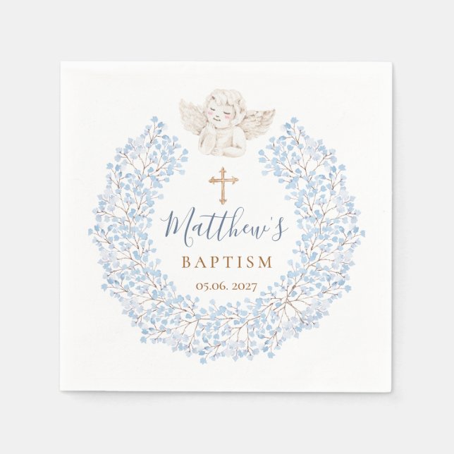 Servilleta De Papel Cruz Floral Azul Bebé Ángel (Anverso)