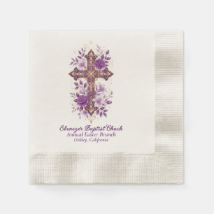 Servilleta De Papel Cruz Floral de Acuarela Púrpura Elegante Dorada