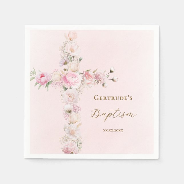 Servilleta De Papel Cruz floral rosa de bautizo (Anverso)