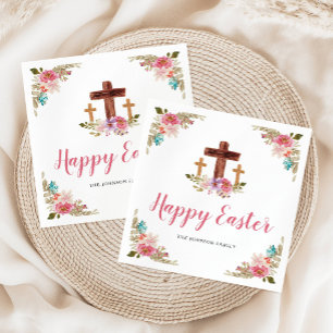 Servilleta De Papel Cruz Religiosa Acuarela Floral Feliz Pascua 