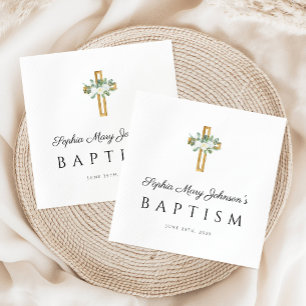 Servilleta De Papel Cruz Religiosa Elegante Blanca Floral Bautizo 