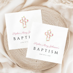 Servilleta De Papel Cruz Religiosa Elegante Floral Rosa Bautizo