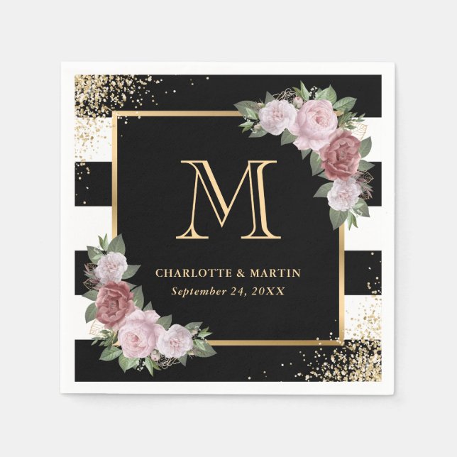 Servilleta De Papel Cuadros Bodas de Monograma Floral Black White Gold (Anverso)