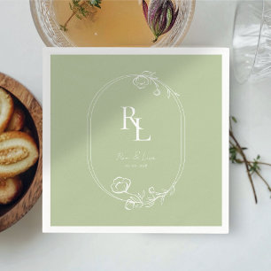 Servilleta De Papel Cuadros Bodas de Monograma Floral Blanco y Verde