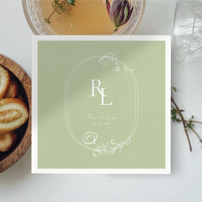 Servilleta De Papel Cuadros Bodas de Monograma Floral Blanco y Verde (Subido por el creador)