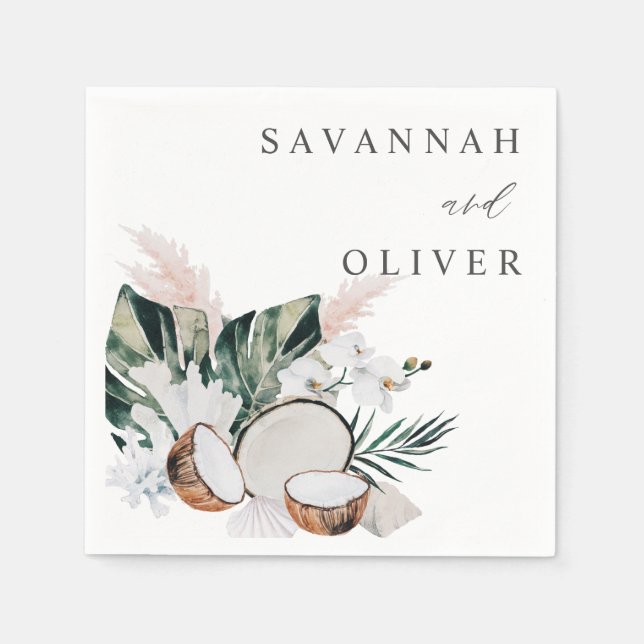 Servilleta De Papel Cuadros de nombres florales de coco y blanco (Anverso)