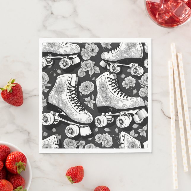 Servilleta De Papel Cuadros, rosas, diseño blanco y negro. (In situ)