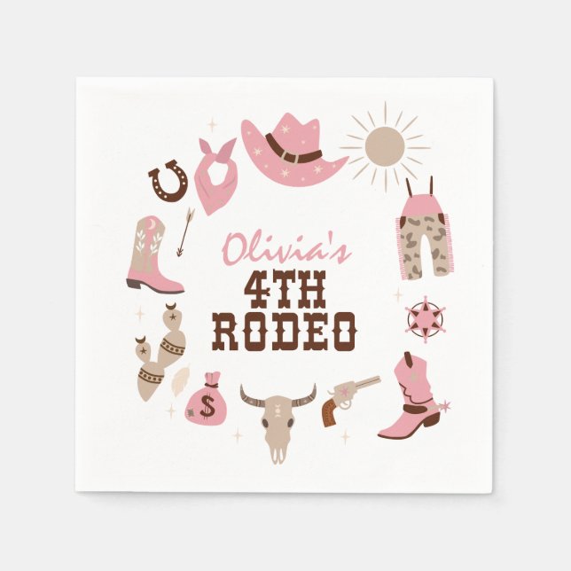 Servilleta De Papel Cuarto Rodeo Rosa Occidental Vaquero Cumpleaños 4 (Anverso)