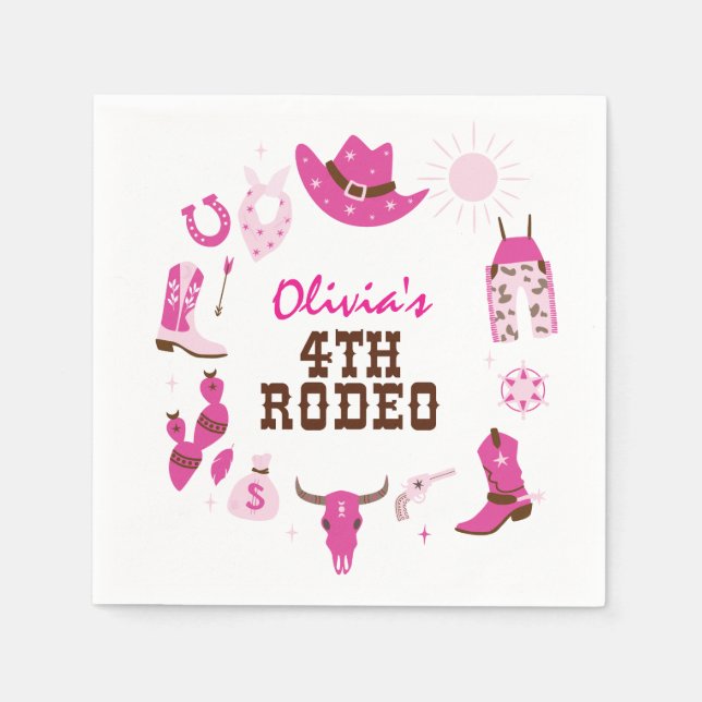 Servilleta De Papel Cuarto Rodeo Rosa Oeste Cowboy 4º Cumpleaños (Anverso)