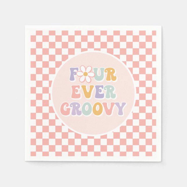 Servilleta De Papel Cuatro Siempre Groovy Pink Daisy Checker (Anverso)